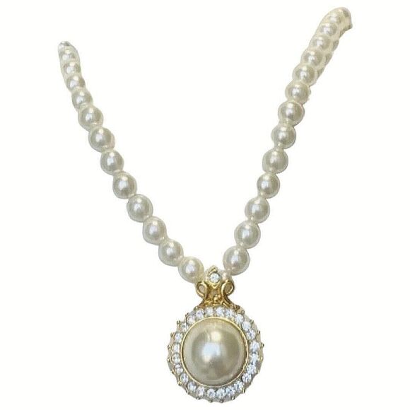 VTG White Pearl Icy Crystal Pendant Necklace 18" Gold Formal Wedding - Picture 3 of 16